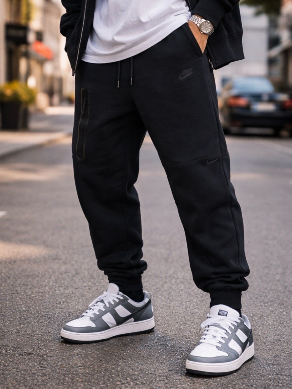 NIKE BLACK TECH FLEECE STYLE JOGGERS MENS MEDIUM TAPERED ZIP POCKET ATHLEISURE